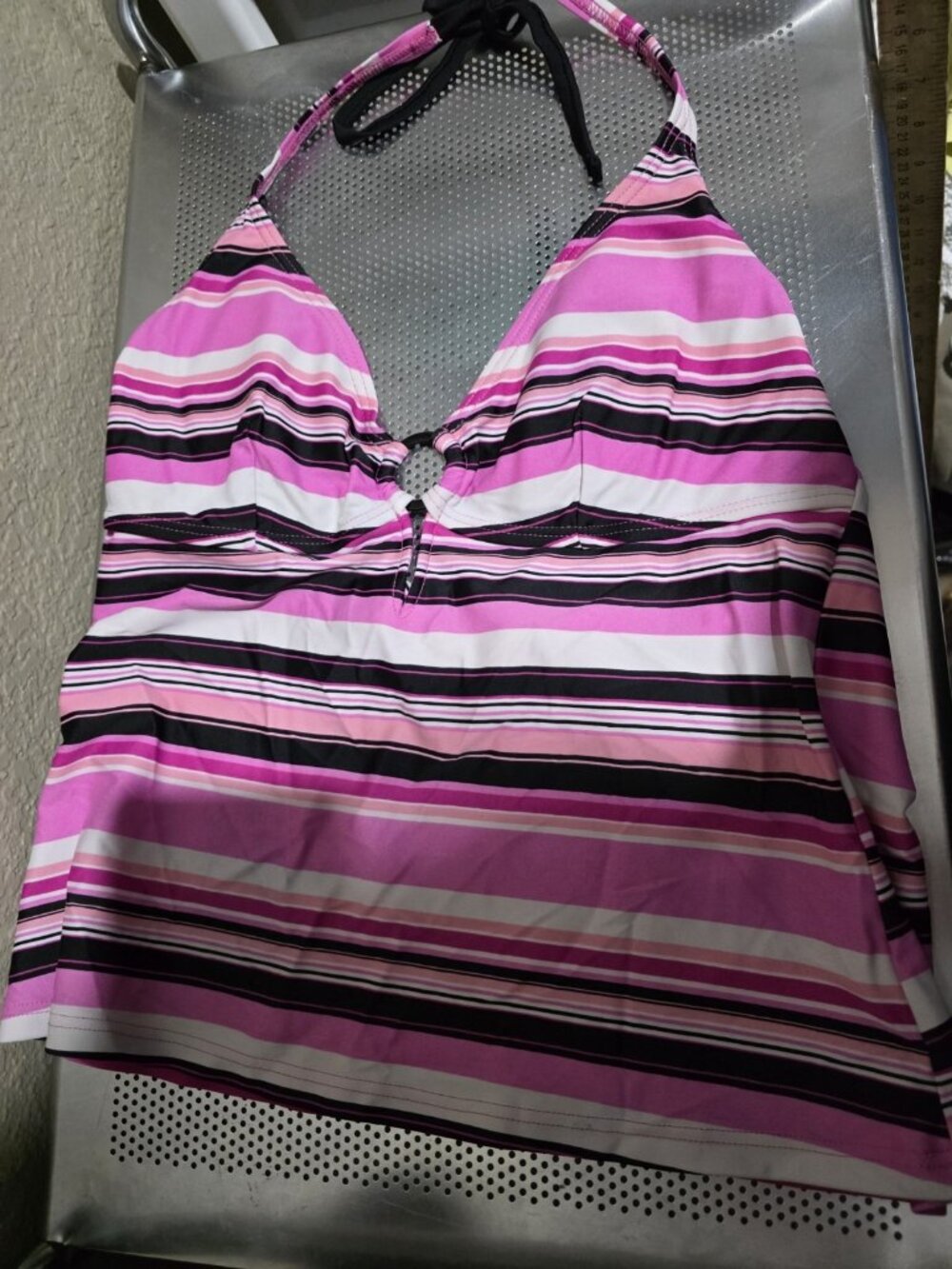 Tropical Escape Pink Black Striped Swim Top Women's Size 14 Padded